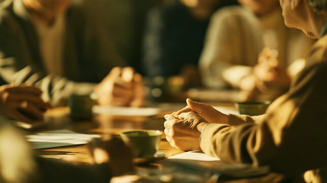 会議室でテーブルを囲み話し合いをするシニア・地域の自治会ミーティング