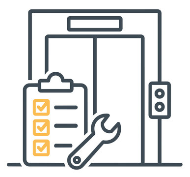Elevator inspection checklist with wrench, maintenance icon