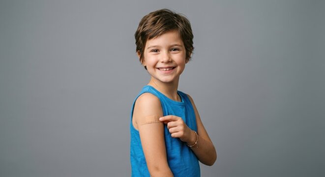 Portrait of a smiling young boy pointing at an adhesive bandage on his upper arm after vaccination, showing courage and health awareness against a neutral grey studio background.