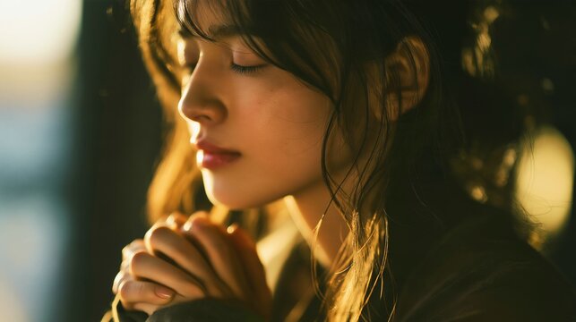 A close-up of a woman praying with heartfelt wishes at dusk
