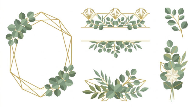 Eucalyptus leaves with gold geometric frames wedding invitation design