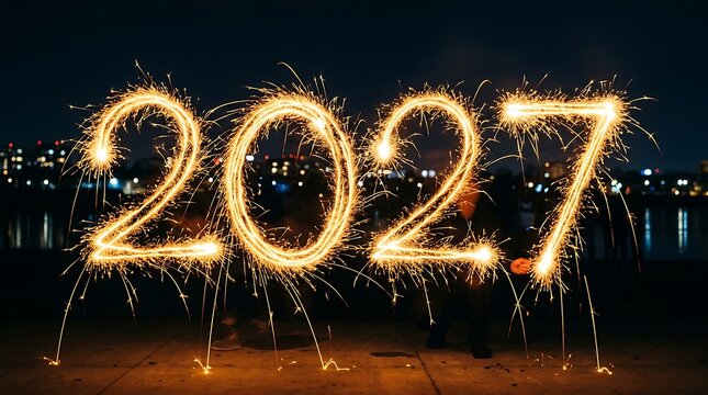 Bright sparkling year 2027 written with glowing firework sparklers at night