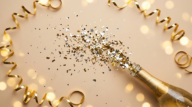 Champagne bottle popping with gold and silver confetti on a light beige background with ribbons