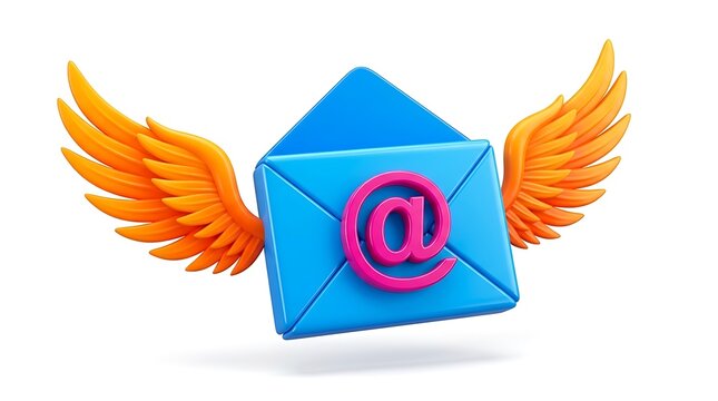 Blue email envelope icon with orange wings and a pink at symbol flying isolated isolated on white background
