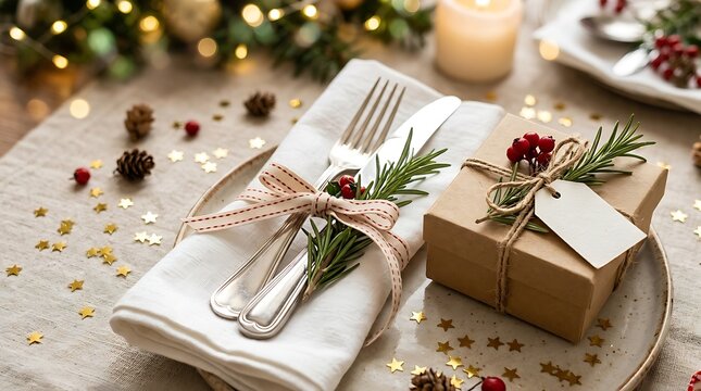 Festive christmas table setting with wrapped gift box silverware napkin and decorative holiday elements on rustic tablecloth