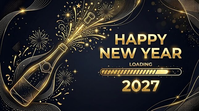 Golden happy new year 2027 design with champagne bottle and loading bar
