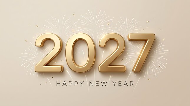 Golden metallic 2027 text with festive fireworks on a light background for new year celebration