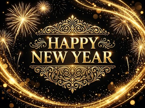 Golden happy new year text with luxury ornamental design and sparkling fireworks against a dark background