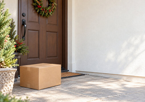 Holiday package delivered to residential front door with copy space