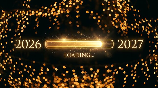 Golden progress bar showing the transition from year 2026 to 2027 with glowing bokeh lights on black background