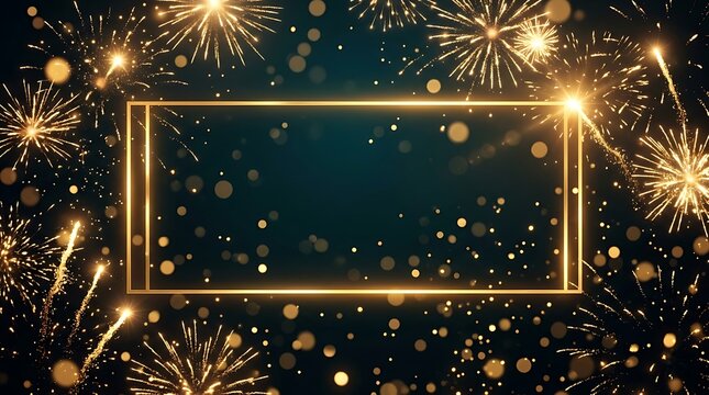 Golden rectangular frame with glowing fireworks background for festive celebrations and holiday event invitations
