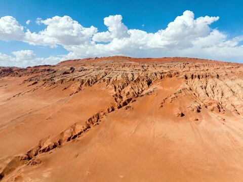 Aerial view of red desert landscape with eroded rock formations under a blue sky