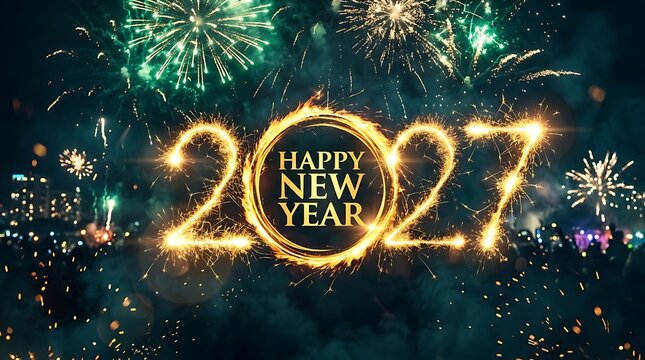 Happy New Year 2027 greeting card design with sparkling golden numbers and beautiful festive fireworks in the night sky