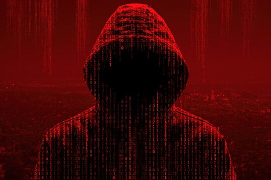 Hacker in a hoodie silhouette against a dark red digital binary code background for cybersecurity