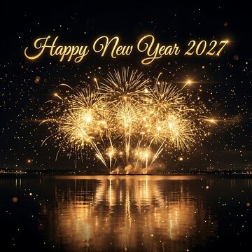Happy New Year 2027 greeting card with golden fireworks exploding over a reflective dark water surface at night