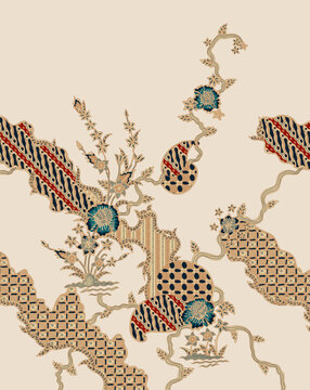 Traditional Indonesian batik pattern illustration, Elegant batik pattern design with blue floral elements, traditional Javanese parang ornaments, and delicate vines isolated on cream background