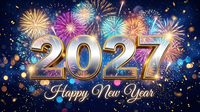 Happy New Year 2027 silver metallic numbers with bright colorful fireworks display