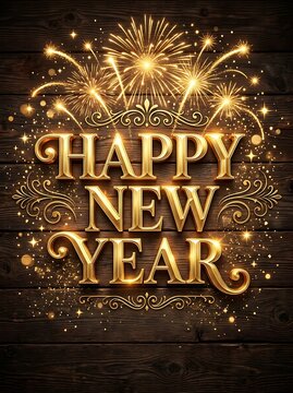 Happy New Year gold text with glowing fireworks on a rustic wooden background