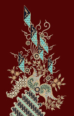 Traditional Indonesian batik motif illustration with floral elements and geometric patterns on a maroon background Elegant batik pattern design with cyan accents, traditional parang motifs © Fauzan