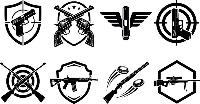 Firearms and Shooting Club Badges Vector Set Handgun Pistol Crosshair Shield Western Revolvers Winged Gun Target Crossed Hunting Rifles Assault Rifle Skeet Clay Pigeon Shotgun
