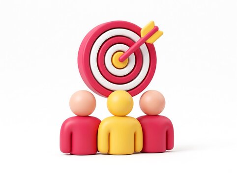 Abstract 3D illustration of a target with an arrow and stylized figures representing goal