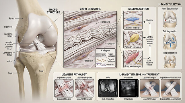 3D Photorealistic Complete Human Ligament Anatomy with Fibrous Structure Collagen Fibers and Mechanoreceptors