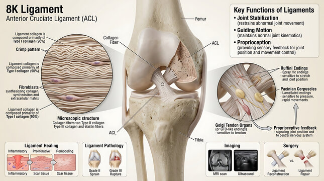 3D Photorealistic Complete Human Ligament Anatomy with Fibrous Structure Collagen Fibers and Mechanoreceptors