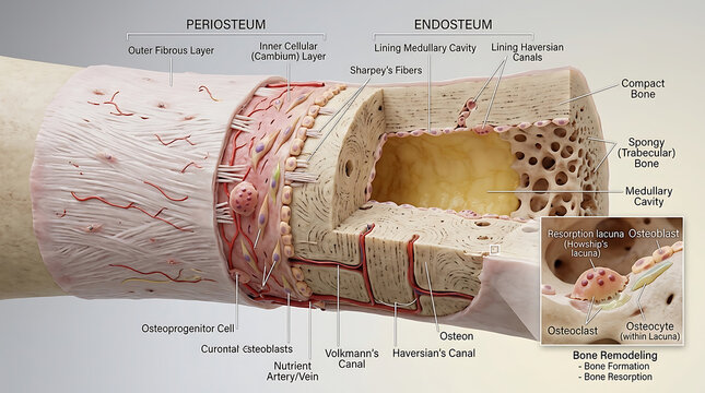 3D Photorealistic Complete Human Periosteum and Endosteum Anatomy with Fibrous and Cellular Layers