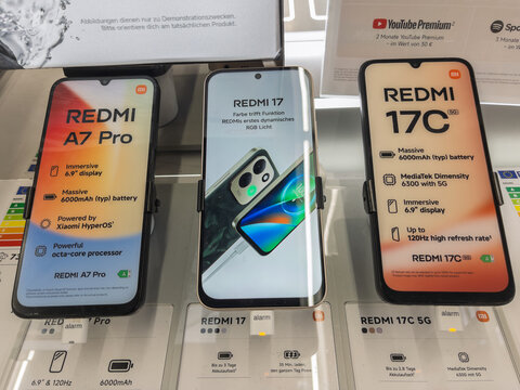 Redmi Smartphone Display at Electronics Store Showroom