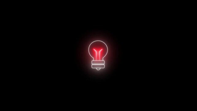 Glowing light bulb symbol animation on black background. Energy idea, Electric neon bulb icon.