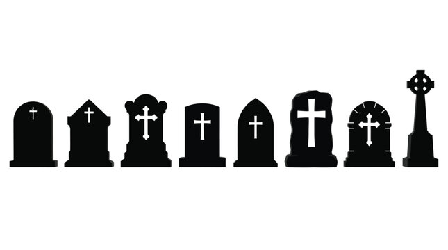 Multiple black tombstones and grave markers featuring Christian cross symbols aligned in a row