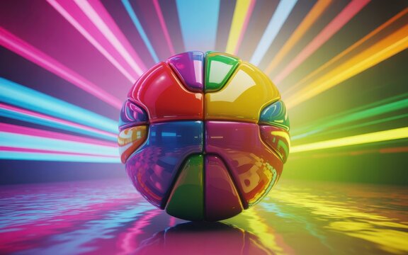 Glossy, segmented multicolored sphere against radiant rainbow light streaks