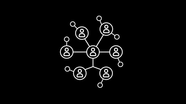 Social network line animation. Animated interconnected nodes icon. Community building. Group interaction. White illustration on Black background. HD video with alpha channel.