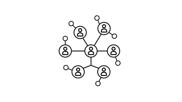 Social network line animation. Animated interconnected nodes icon. Community building. Group interaction. Black illustration on white background. HD video with alpha channel.