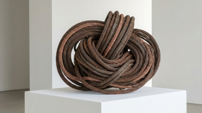 Large intricately knotted rope sculpture displayed on white pedestal