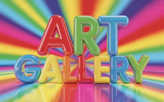 3 d glossy text gallery on a vibrant rainbow sunburst background