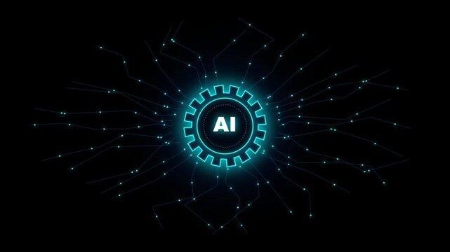 Artificial intelligence ai gear processor core radiating glowing cyan cyber network lines