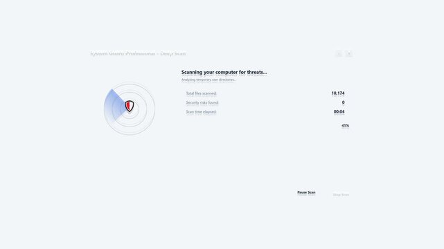A 4K clean white background antivirus scanning simulation. Features a professional desktop app interface, scanning progress bar, infected files counter, and visual bug trojan threat detection graphic.