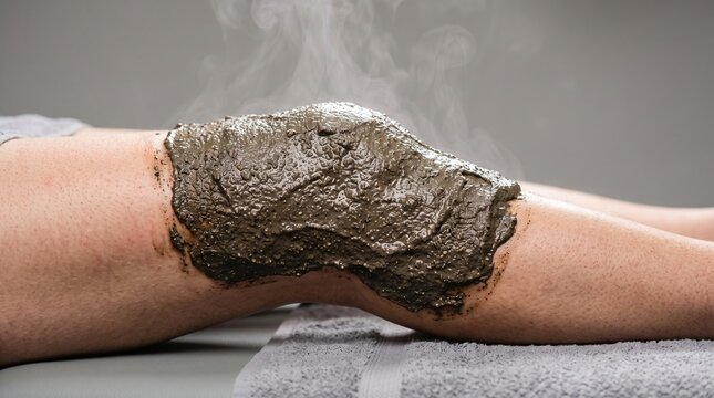 Therapeutic hot mineral mud pack therapy applied on patient knee joint for osteoarthritis pain relief