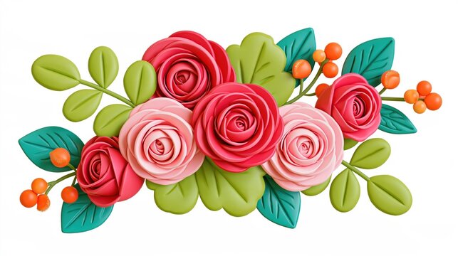 Decorative floral arrangement with red and pink roses, green leaves, and orange berries on a white background, for greeting card