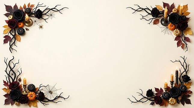 Eerie Halloween Corner Decorations: Four corner arrangements featuring dark roses, mini pumpkins, bare branches, and spiderwebs create a spooky, festive border for Halloween.