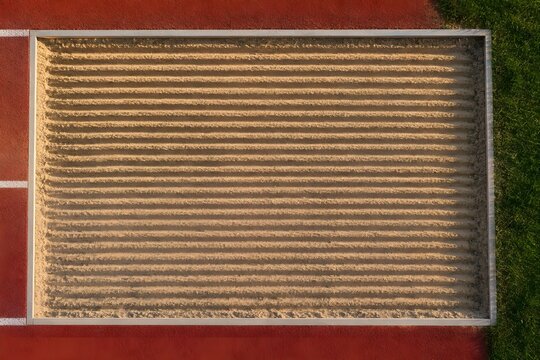 Freshly raked long jump landing pit combed into fine parallel furrows of pale dry grit with crisp raised ridges