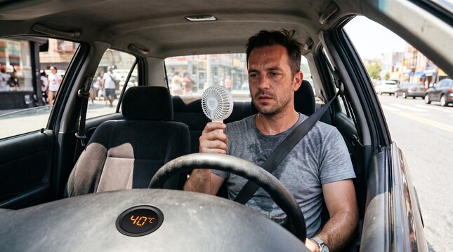 Man sweating profusely in a hot car holding a small fan with temperature gauge showing 40 degrees Celsius