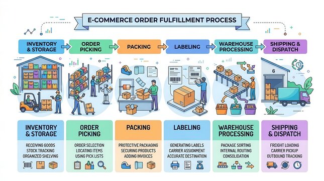 E-commerce order fulfillment process flowchart showing inventory, picking, packing, labeling, warehouse processing, and shipping steps