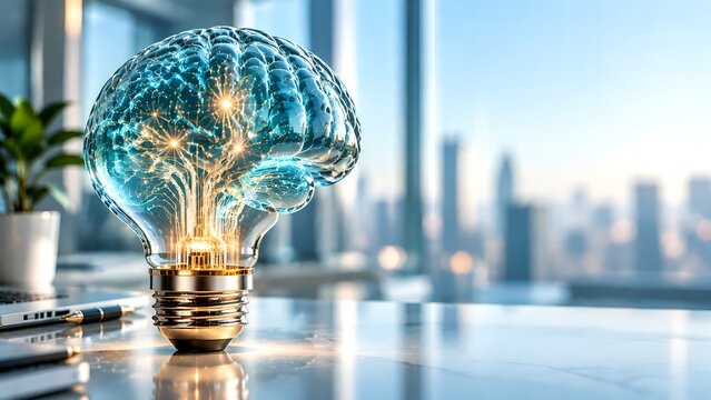 Glowing digital brain inside a lightbulb on a desk in front of a city window symbolizing innovative business ideas