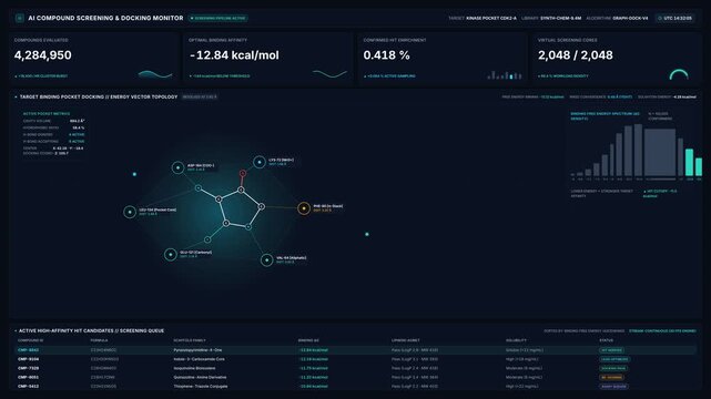 Advanced ai compound screening dashboard interface with molecular binding affinity data charts, for pharmaceutical research, drug discovery, biotechnology innovation, modern medical