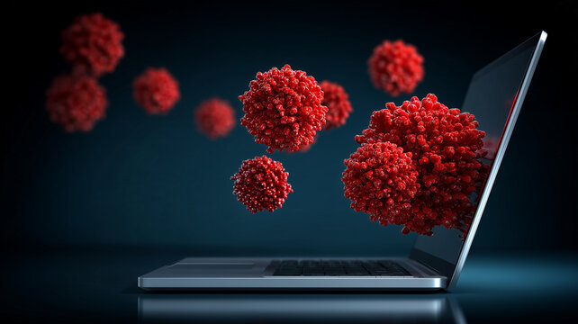 Virus particles emerge from a laptop representing computer malware infection cyber threats and digital security risks.
