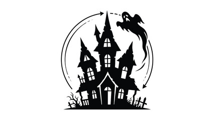 Fototapeta premium Haunted castle silhouette featuring gothic architecture, spooky flying ghost, and curved circular arrows graphic design