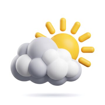 3D weather icon featuring a yellow sun partially hidden behind fluffy white and grey clouds