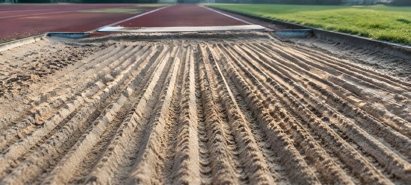 A long jump sand pit freshly raked into fine parallel furrows with pale grains lifted into crisp ridges and darker damp sand below